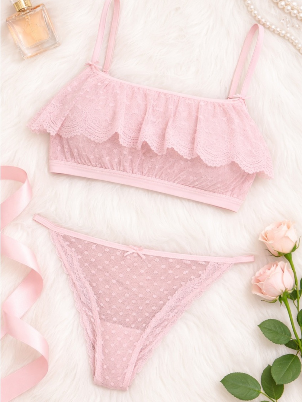 Delicate Lace Bralette and panty Set - Pink